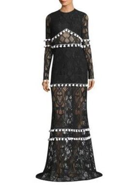 LIKE NEW Alexis Black Lace Long-Sleeve Gown with White Trim